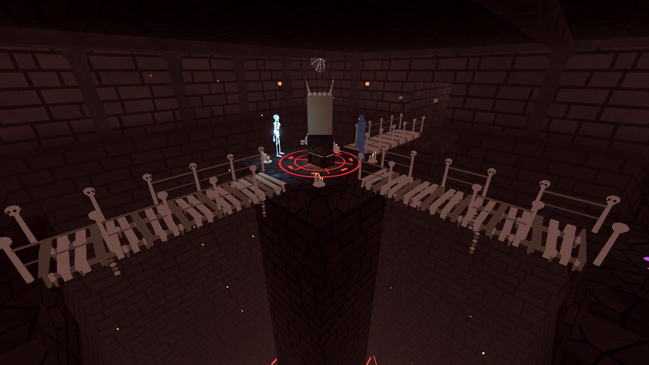 Narrow wooden bridges crossing the black chasm to a lone pillar in the Catacombs of Vael