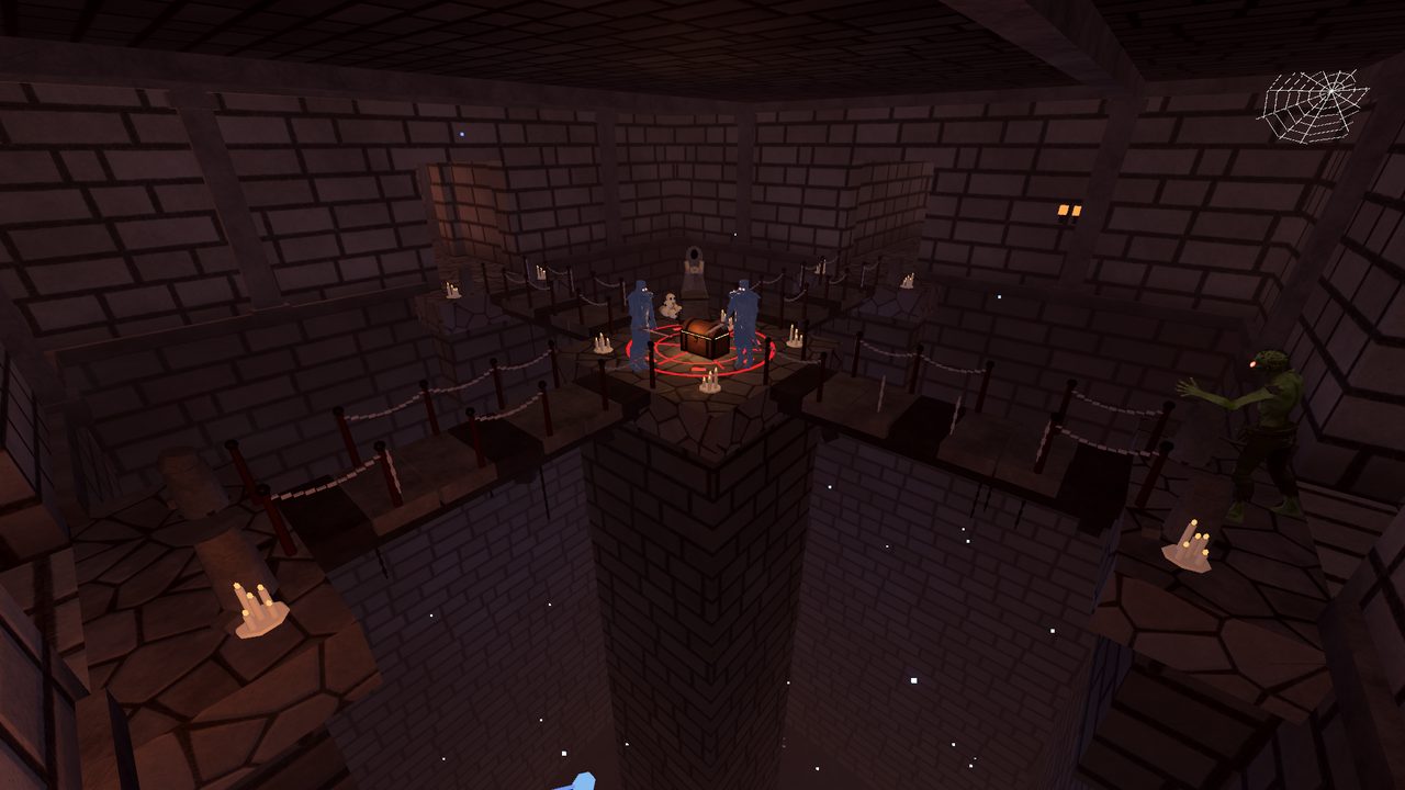 A stone pillar rising out of a pit in a brick hall of the Forgotten Crypt, ringed by candles