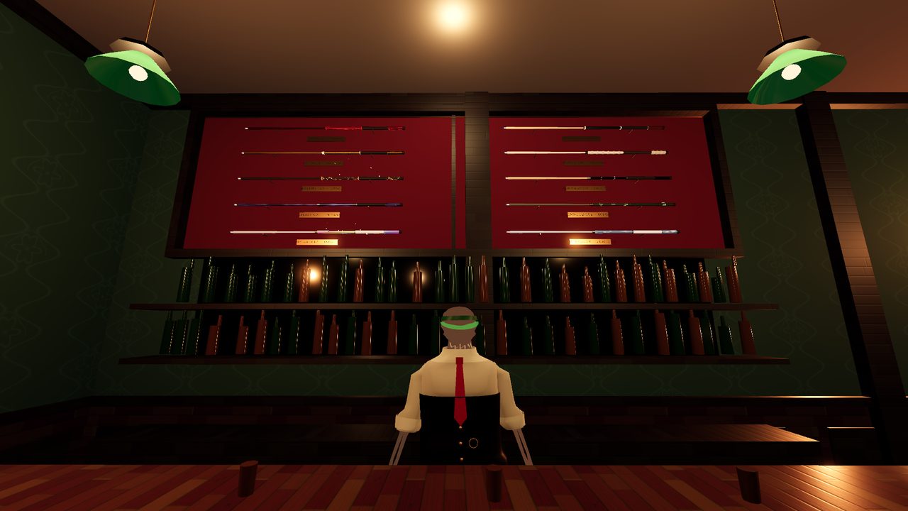 The cue cabinet behind the bar, racks of cues under green lamps