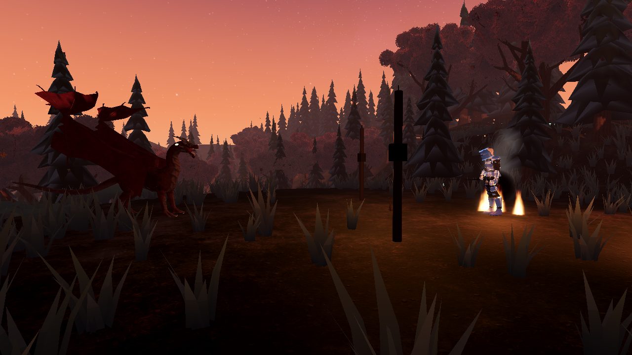 Fire still burning on the ground round a knight after a drake has breathed on him