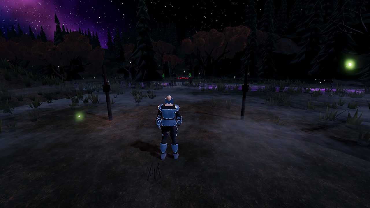 A clear night in the Cursed Forest: a clearing under the stars, fireflies drifting over the grass