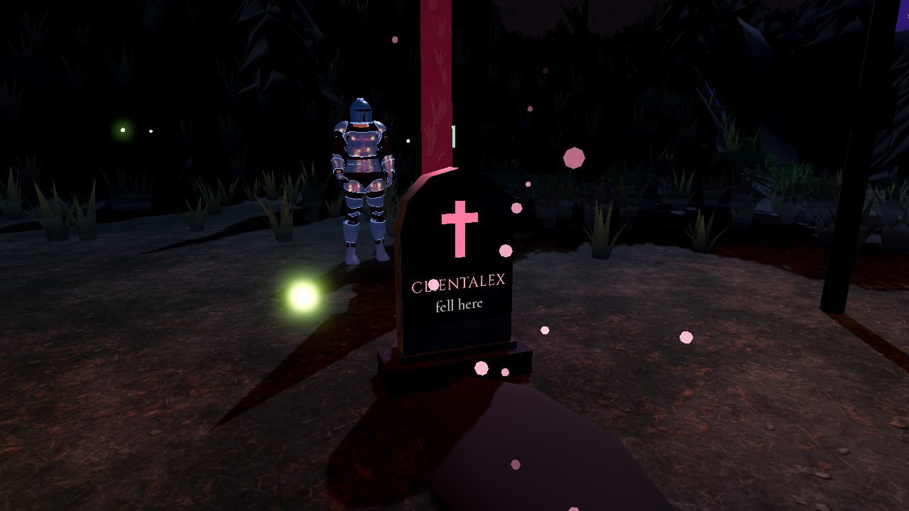 A glowing headstone marking a fallen friend's grave, holding their loot