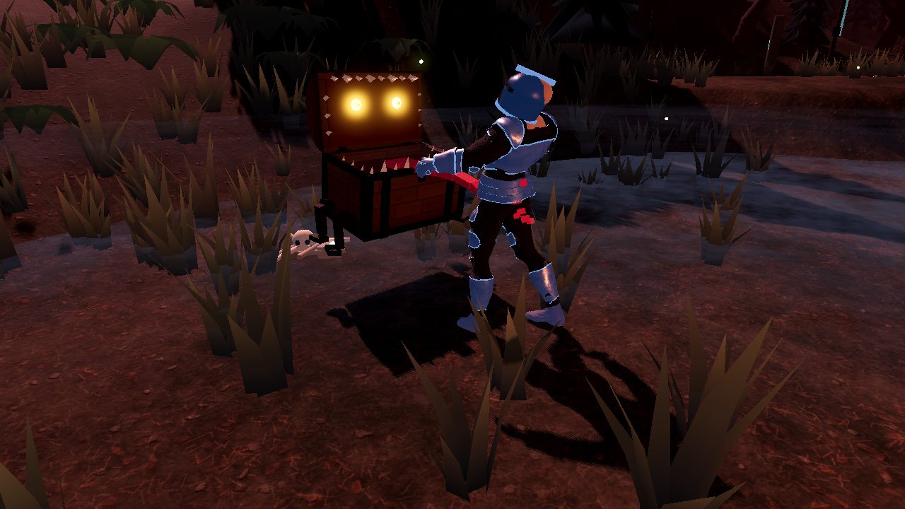 A Mimic lunging at a knight in the Cursed Forest, eyes burning and jaws wide