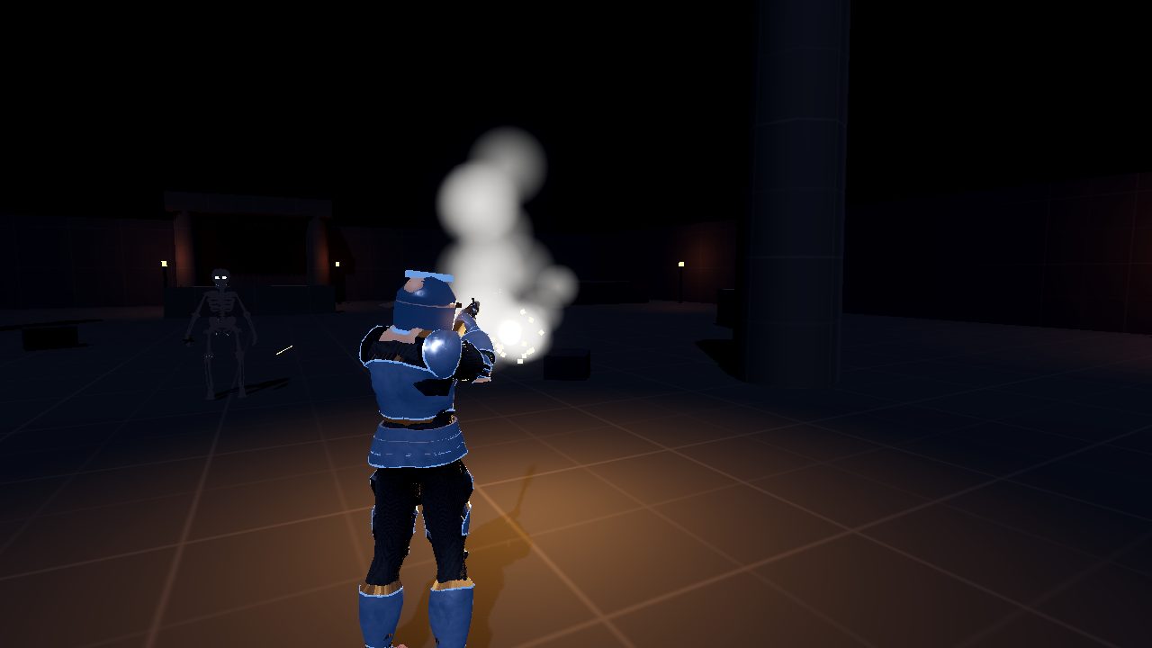Firing a flintlock musket at a skeleton: the flash lights the floor and smoke rolls off the barrel