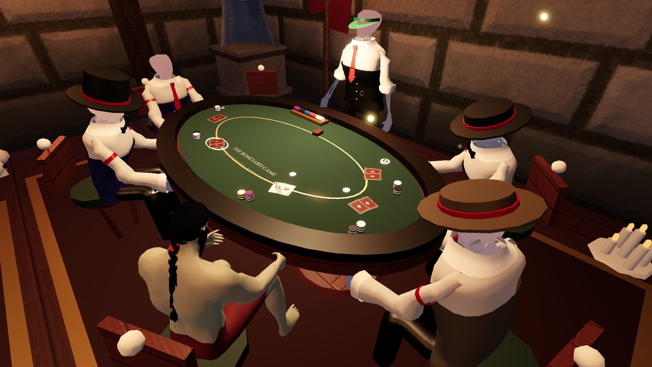 Skeleton card sharps in top hats round the poker table