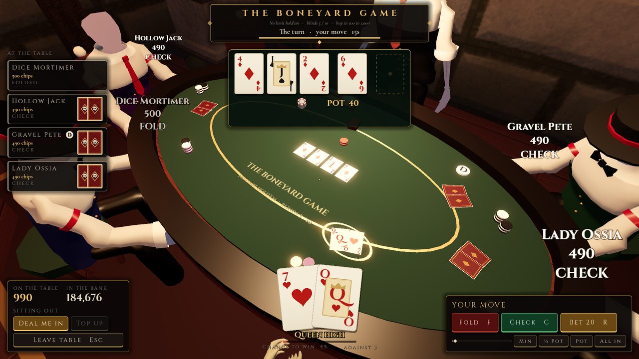A hand of no-limit hold'em in the Gilded Ossuary, with the table's chips and bets on screen
