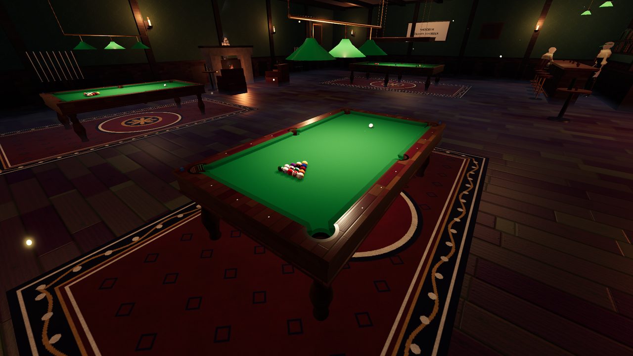 The Ivory Pocket: green lamps over the pool tables and a full-size snooker table