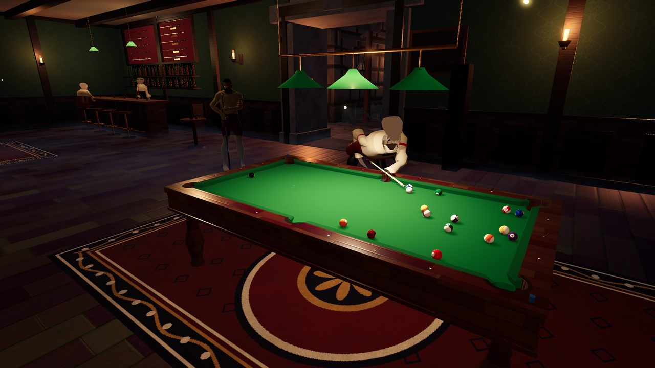 A skeleton hustler bent over his cue, lining up a shot