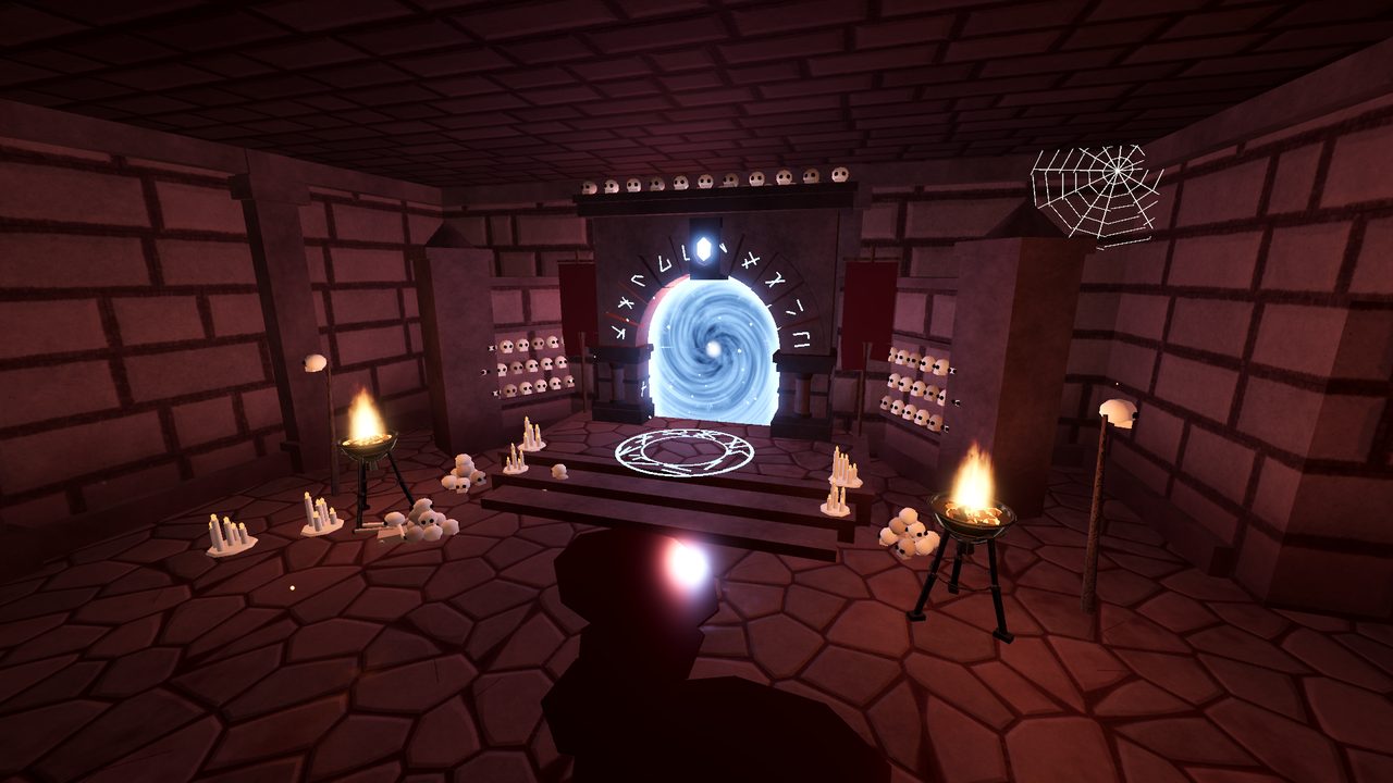 A carved depth portal glowing blue between candles in a brick hall