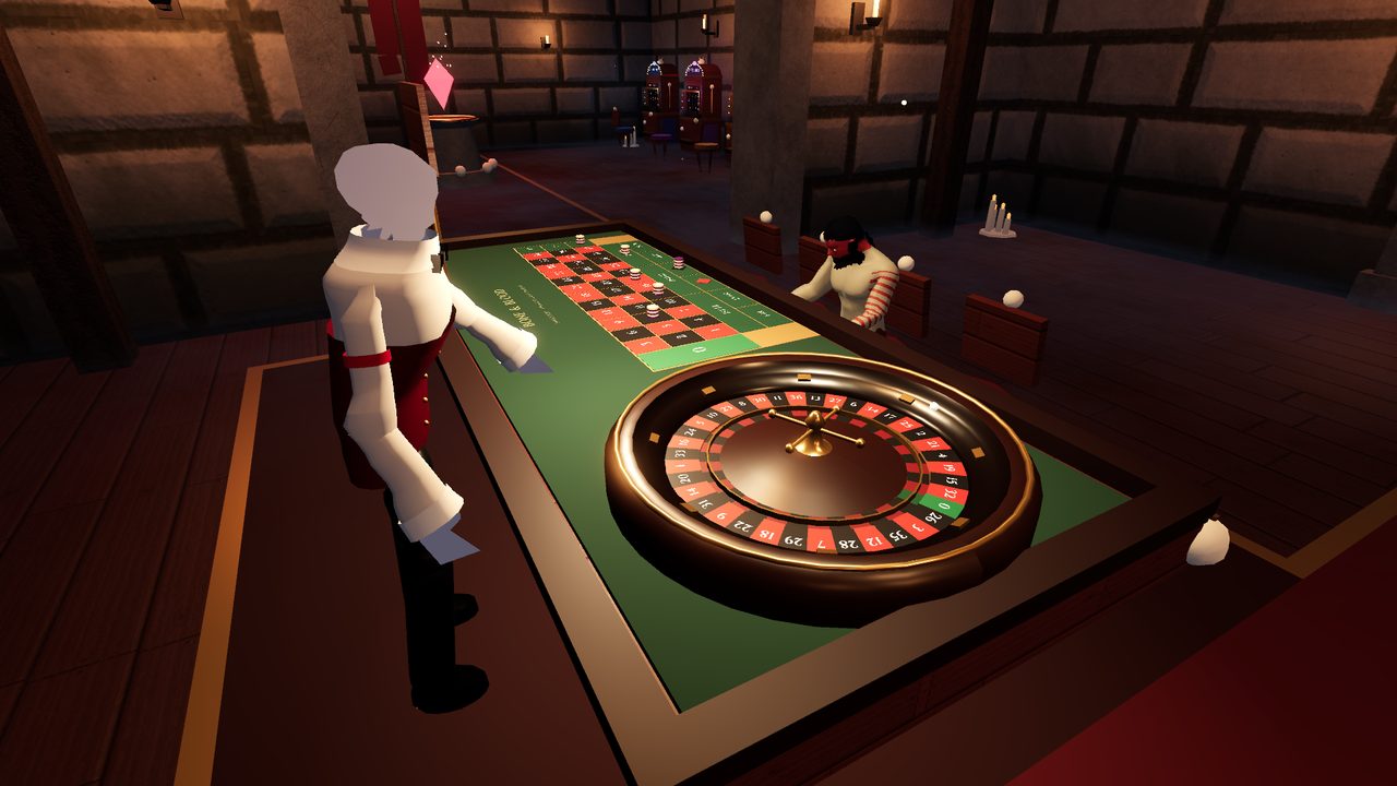 A skeleton croupier in a bow tie at the roulette wheel