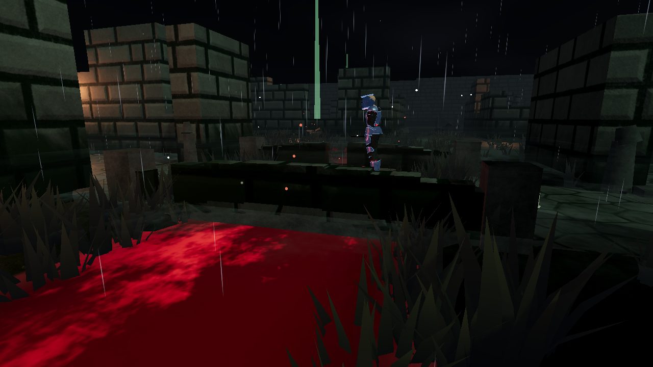 The red blood river running under a stone bridge in the Hollow Ruins, in the rain