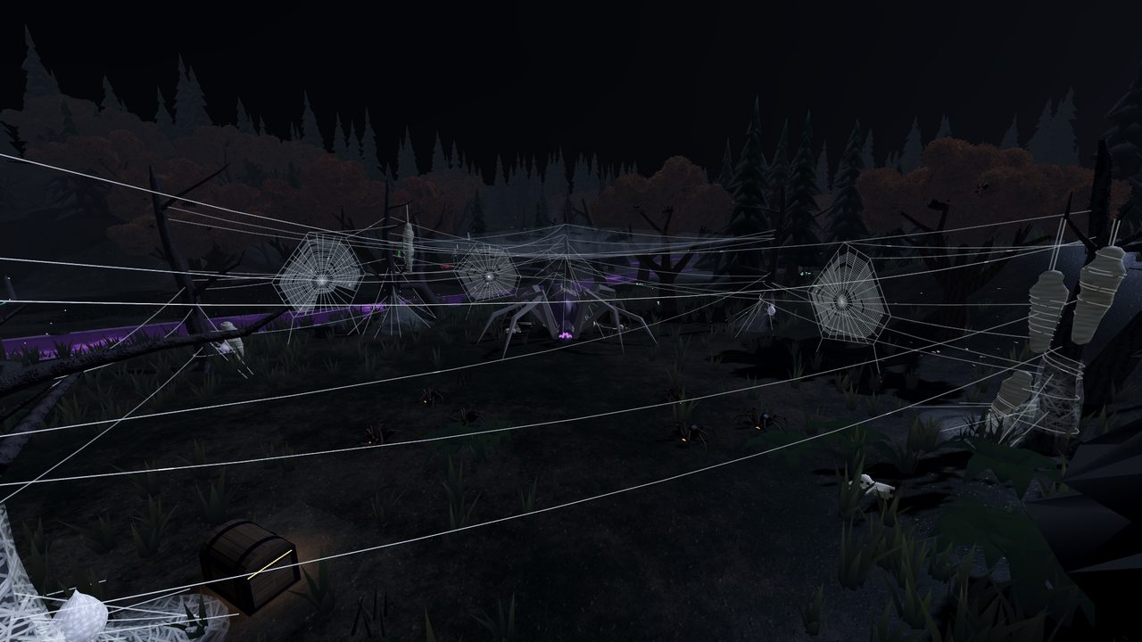 Orb webs strung between dead trees in the Broodmother's lair
